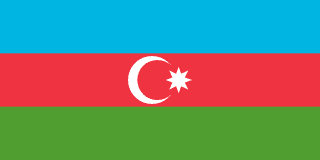 The flag of Azerbaijan features three equal horizontal bands of blue, red and green, with a white fly-side facing crescent and eight-pointed star centered in the red band.