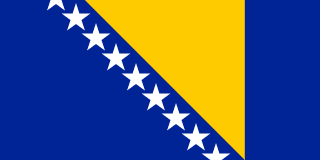 The flag of Bosnia and Herzegovina has a blue field, at the center of which is a large yellow hoist-side facing right-angled triangle that is based on the top edge and spans the height of the field. Adjacent to the hypotenuse of this triangle are nine adjoining five-pointed white stars with the top and bottom stars cut in half by the edges of the field.
