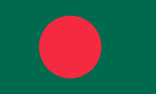 The flag of Bangladesh has a dark green field bearing a large red circle that is offset slightly towards the hoist side of center.
