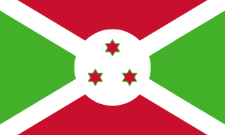 The flag of Burundi is divided by a white diagonal cross into four alternating triangular areas of red at the top and bottom, and green on the hoist and fly sides. A white circle, with three green-edged red six-pointed stars arranged to form a triangle, is superimposed at the center of the cross.