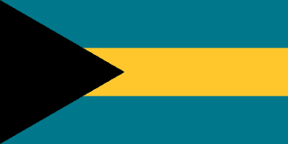 The flag of the Bahamas is composed of three equal horizontal bands of aquamarine, yellow and aquamarine, with a black equilateral triangle superimposed on the hoist side of the field. This triangle has its base on the hoist end and spans about one-third the width of the field.