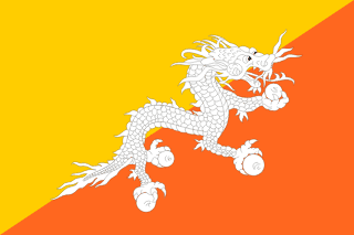 The flag of Bhutan is divided diagonally, from the lower hoist-side corner to the upper fly-side corner, into an upper yellow and a lower orange triangle. A fly-side facing white dragon holding four jewels in its claws is situated along the boundary of the two triangles.