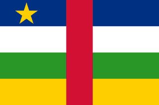 The flag of Central African Republic is composed of four equal horizontal bands of blue, white, green and yellow intersected at the center by a vertical red band of equal size as the horizontal bands. A yellow five-pointed star is situated on the hoist side of the blue band.