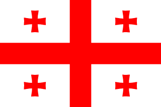 The flag of Georgia has a white field with a large centered red cross that extends to the edges and divides the field into four quarters. A small red Bolnur-Katskhuri cross is centered in each quarter.