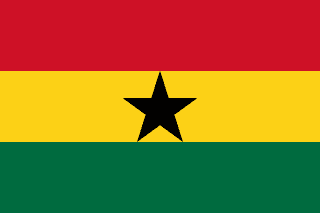 The flag of Ghana is composed of three equal horizontal bands of red, gold and green, with a five-pointed black star centered in the gold band.
