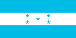 The flag of Honduras is composed of three equal horizontal bands of turquoise, white and turquoise, with five small five-pointed turquoise stars arranged in a quincuncial pattern at the center of the white band.