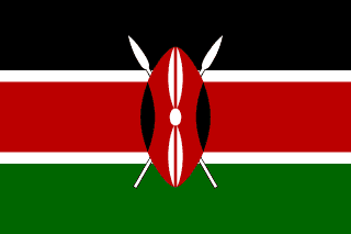 The flag of Kenya is composed of three equal horizontal bands of black, red with white top and bottom edges, and green. An emblem comprising a red, black and white Maasai shield covering two crossed white spears is superimposed at the center of the field.