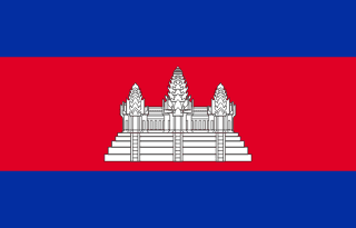 The flag of Cambodia features three horizontal bands of blue, red and blue, with a white depiction of the temple complex, Angkor Wat centered in the red band.