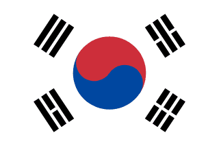 The flag of South Korea has a white field, at the center of which is a red and blue Taegeuk circle surrounded by four black trigrams, one in each corner.