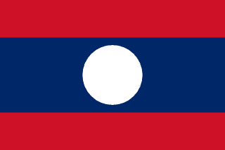 The flag of Laos is composed of three horizontal bands of red, blue and red. The blue band is twice the height of the red bands and bears a white circle at its center.