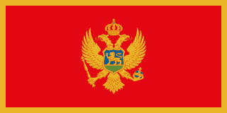 The flag of Montenegro features a large red central rectangular area surrounded by a golden-yellow border. The coat of arms of Montenegro is centered in the red rectangle.
