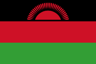 The flag of Malawi is composed of three equal horizontal bands of black, red and green. The top half of a red sun with thirty-one visible rays is centered in the black band.