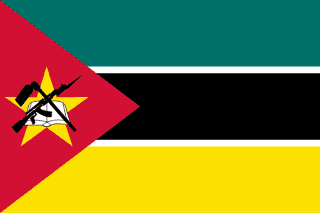 The flag of Mozambique is composed of three equal horizontal bands of teal, black with white top and bottom edges, and yellow. A red isosceles triangle spanning about two-fifth the width of the field is superimposed on the hoist side with its base on the hoist end. This triangle bears a crossed rifle and hoe in black superimposed on an open white book which is superimposed on a five-pointed yellow star.