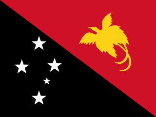 The flag of Papua New Guinea is divided diagonally, from the upper hoist-side corner to the lower fly-side corner, into a lower black and an upper red triangle. On the hoist side of the lower black triangle is a representation of the Southern Cross constellation made up of one small and four larger five-pointed white stars. A golden Raggiana bird-of-paradise is situated on the fly side of the upper red triangle.