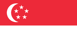 The flag of Singapore is composed of two equal horizontal bands of red and white. On the hoist side of the red band is a fly-side facing white crescent which partially encloses five small five-pointed white stars arranged in the shape of a pentagon.