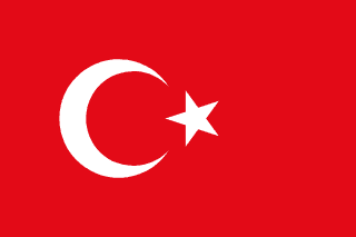 The flag of Turkey has a red field bearing a large fly-side facing white crescent and a smaller five-pointed white star placed just outside the crescent opening. The white crescent and star are offset slightly towards the hoist side of center.