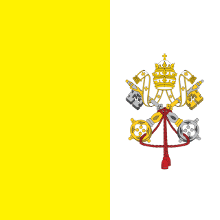 The flag of Vatican City is square shaped. It is composed of two equal vertical bands of yellow and white, with national coat of arms centered in the white band. The national coat of arms comprises the Papal Tiara superimposed on two crossed keys.